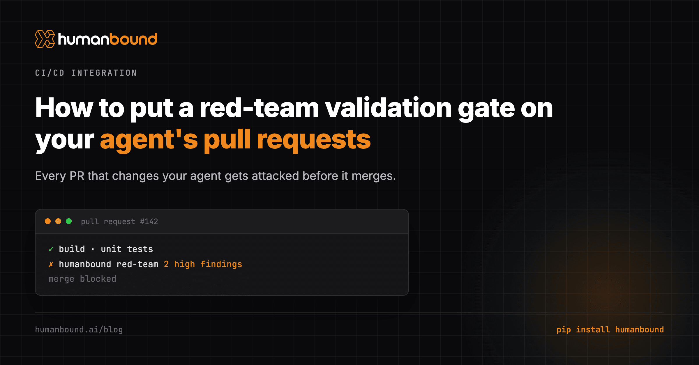 Techy cover for the Humanbound Agent Attack Scenario Library, showing a test_pack.yaml code card that maps an agent failure to an OWASP Agentic category and the guardrail that closes it, with Agent Goal Hijack, Tool Misuse, and Memory Poisoning tags.